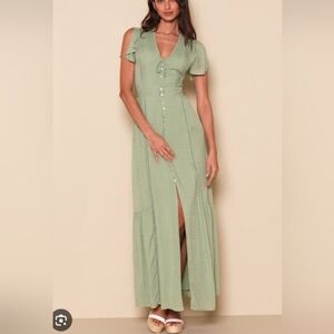Lulu's Sage Green Swiss Dot Maxi Dress Button Front V-Neck Cottagecore small